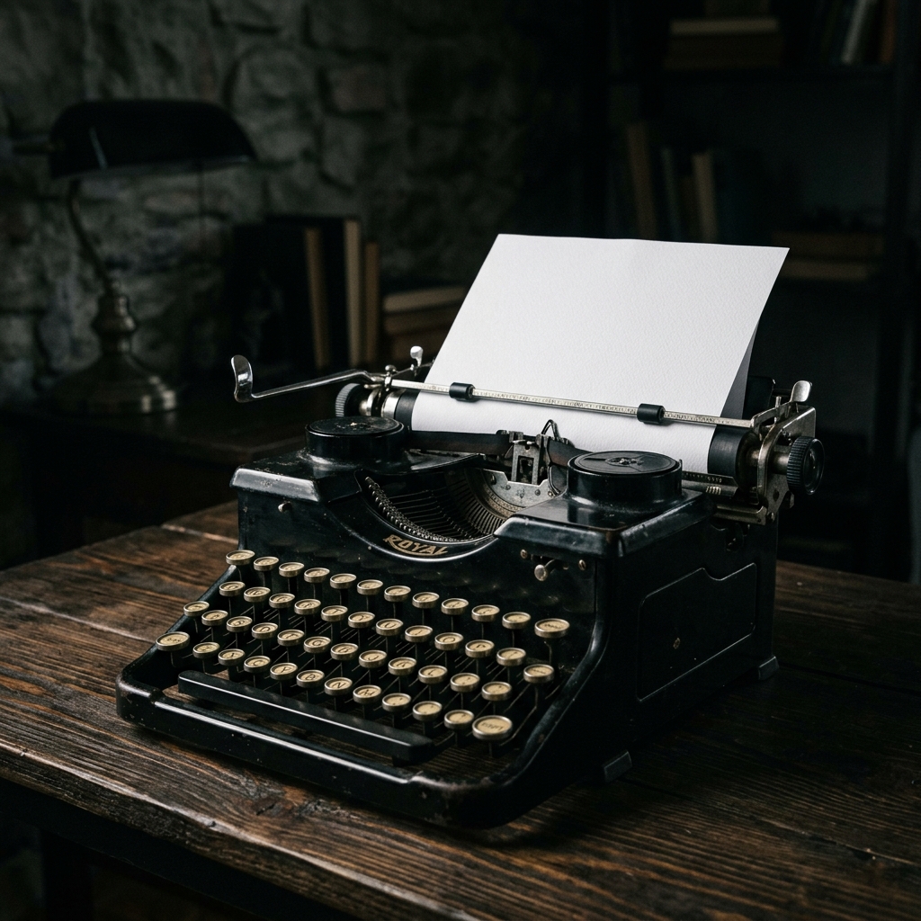 Máquina de escribir antigua con una hoja en blanco, esperando ser escrita.